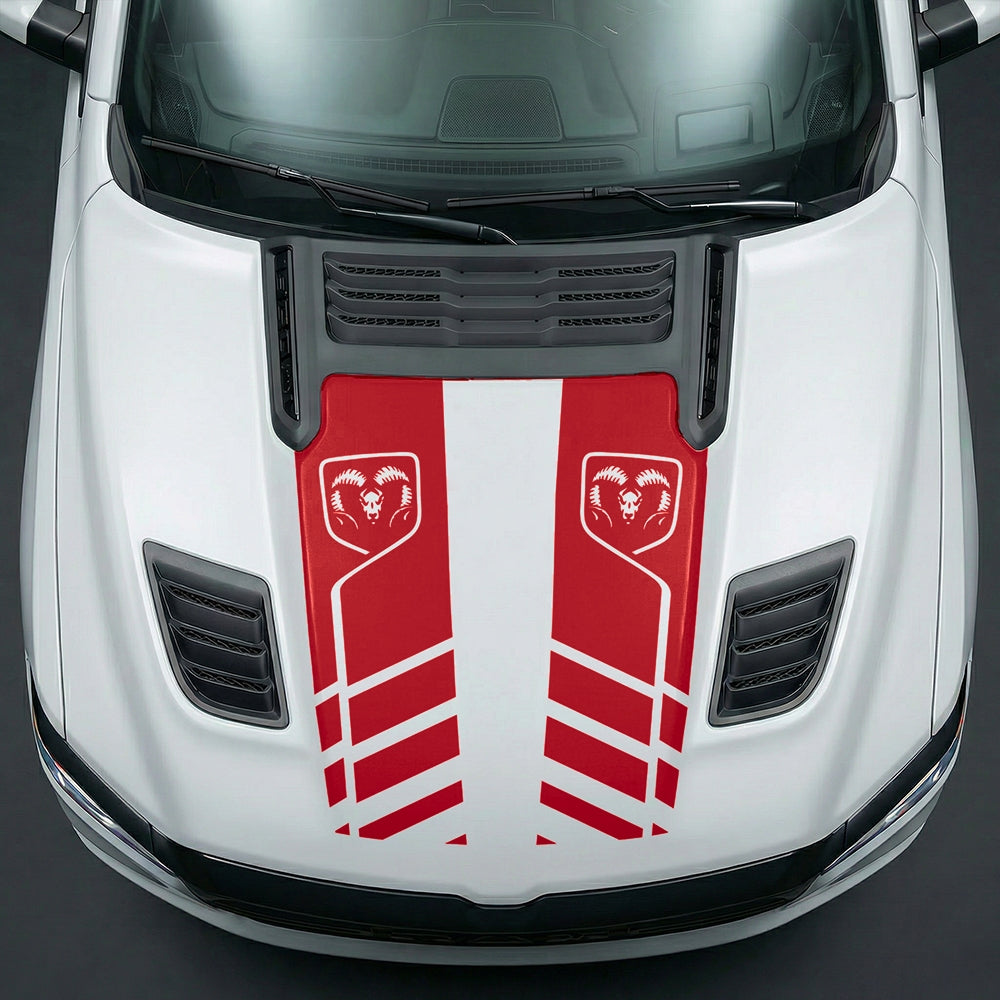 Hood Panel Decal/Sticker - Slotted Sport Stripe with RAM Shield Badge Graphic Kit - For Dodge Ram 2019-2025 - Premium Vinyl