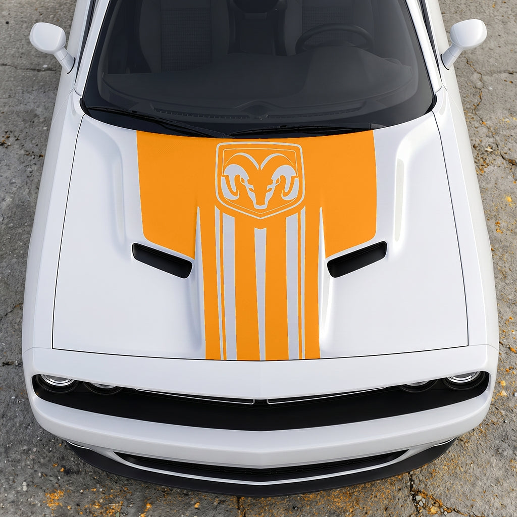 Hood Panel Decal/Sticker - Ram Emblem Apex Crest Triple-Stripe - Rugged Shield Design Vinyl Graphic Kit - For Dodge Challenger 2015-2024 - Premium Vinyl