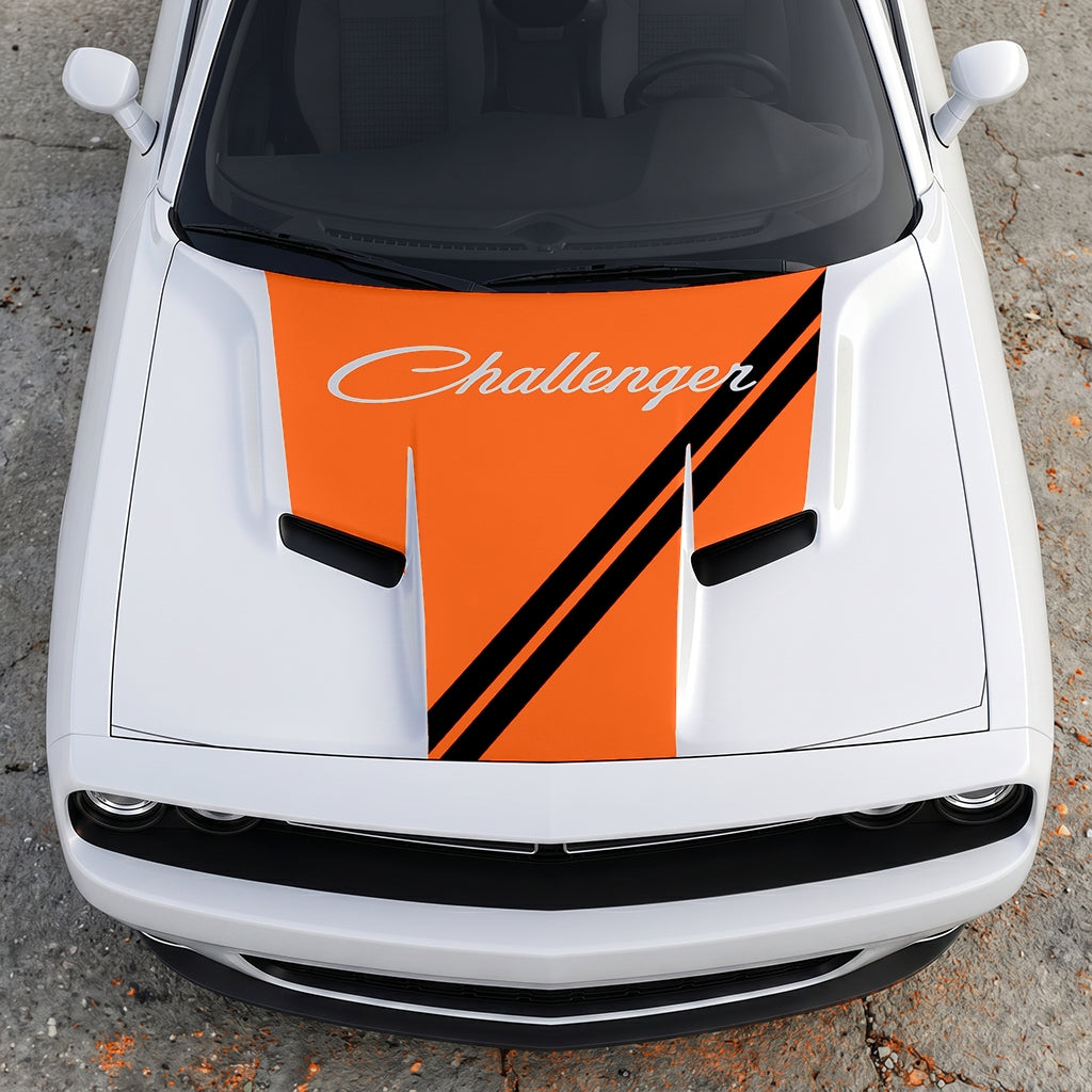Hood Panel Decal/Sticker - Challenger Script Sidewinder Stripe - Dual-Band Offset Racing Graphic Kit - For Dodge Challenger 2015-2024 - Premium Vinyl