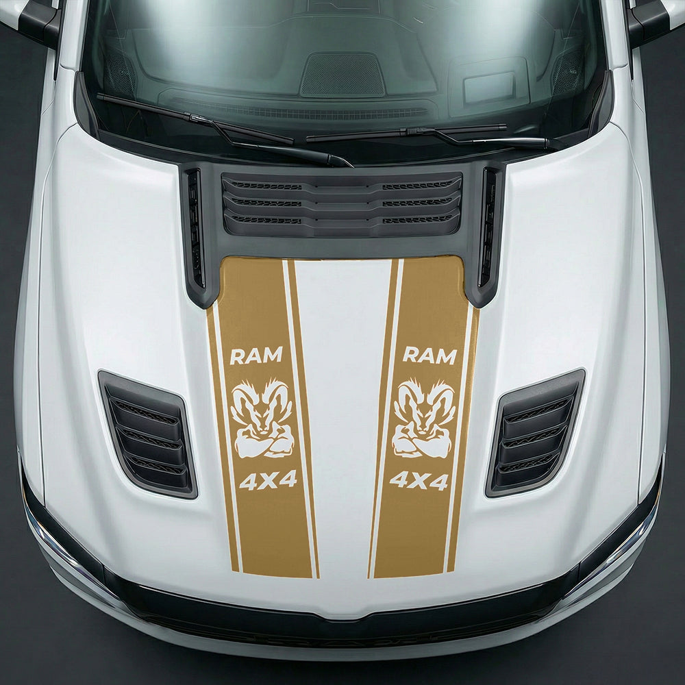 Hood Panel Decal/Sticker - Muscular Ram Mascot 4x4 Twin Stripe Graphic Kit - For Dodge Ram 2019-2025 - Premium Vinyl