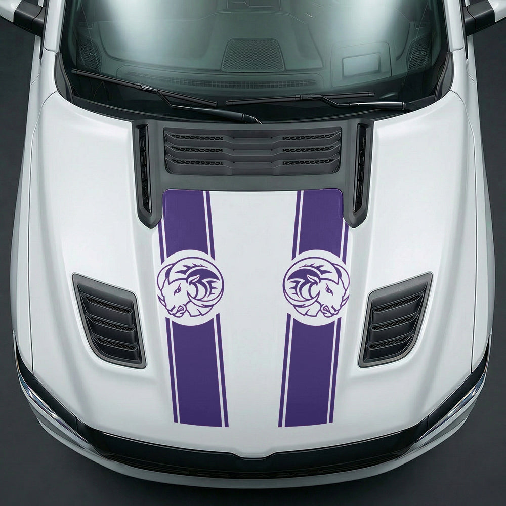 Hood Panel Decal/Sticker - Aggressive RAM Mascot Twin Racing Stripe Graphic Kit - For Dodge Ram 2019-2025 - Premium Vinyl
