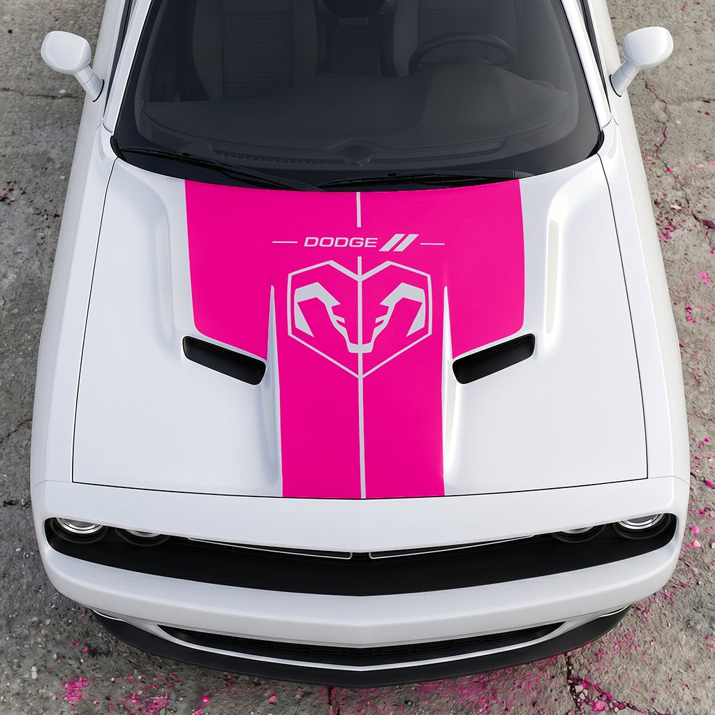 Hood Panel Decal/Sticker - Modern Ram Heritage Diamond Shield Overlay - Dodge Logo Split Stripe Graphic Kit - For Dodge Challenger 2015-2024 - Premium Vinyl
