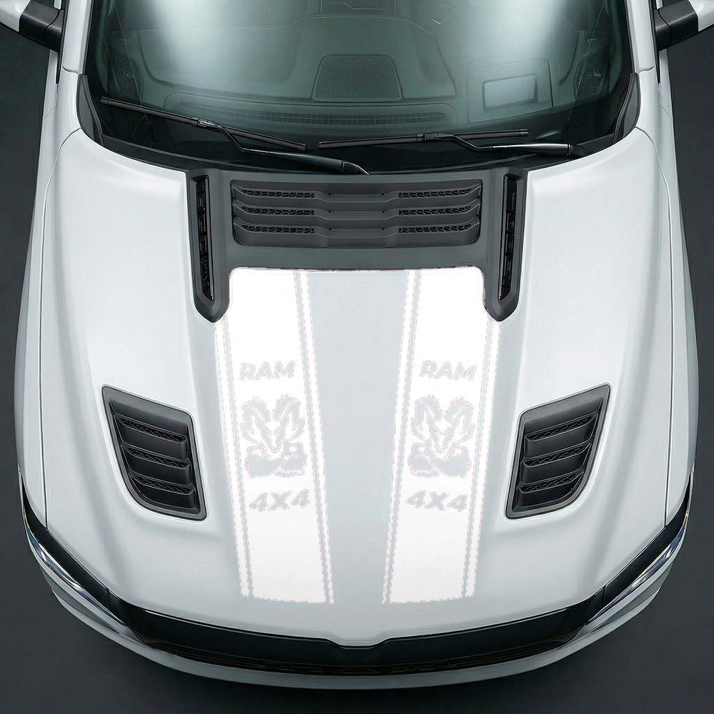 Hood Panel Decal/Sticker - Muscular Ram Mascot 4x4 Twin Stripe Graphic Kit - For Dodge Ram 2019-2025 - Premium Vinyl