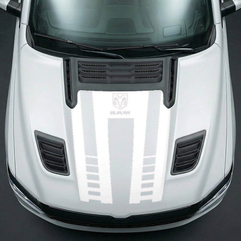 Hood Panel Decal/Sticker - Sport Strobe V-Stripes with Center RAM Logo Graphic Kit - For Dodge Ram 2019-2025 - Premium Vinyl