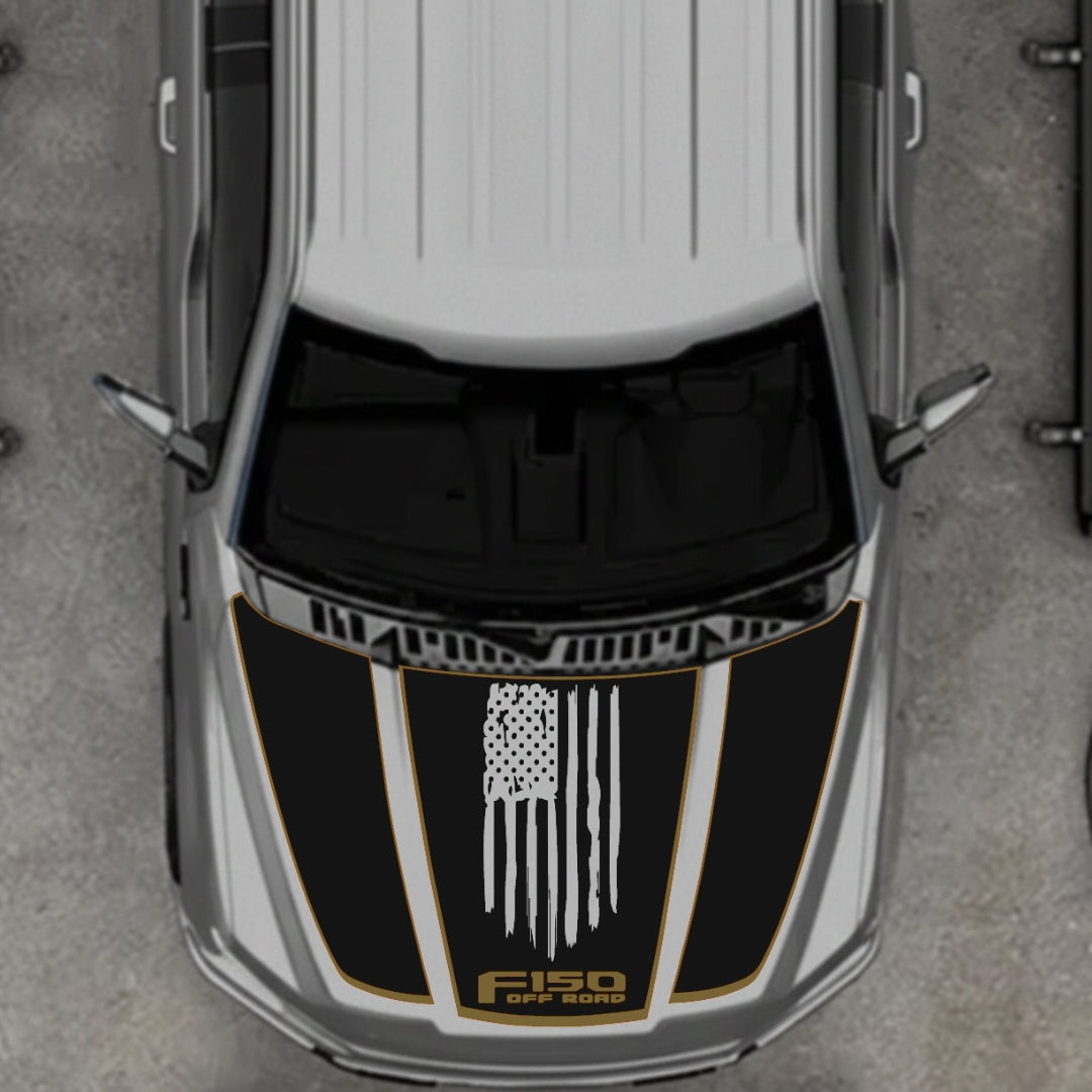 Hood Panel Decal/Sticker - USA Style 3 - Cut - Border Graphic Kit - For Ford F-150 2020-2026 - Premium Vinyl