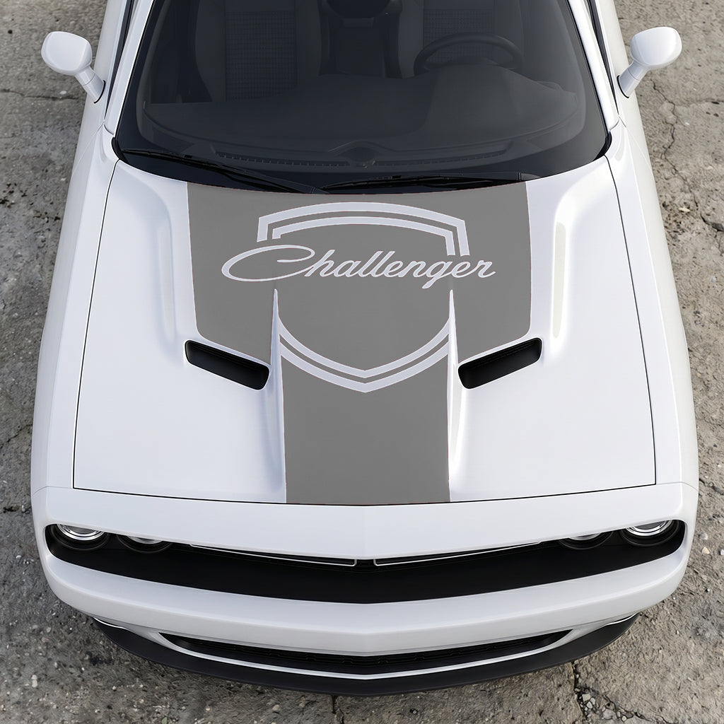 Hood Panel Decal/Sticker - Challenger Retro Script Shield - Vintage Style Crest Graphic Kit - For Dodge Challenger 2015-2024 - Premium Vinyl