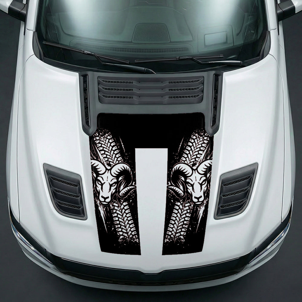Hood Panel Decal/Sticker - Rugged Mud Tire Tread & RAM Head Graphic Kit - For Dodge Ram 2019-2025 - Premium Vinyl