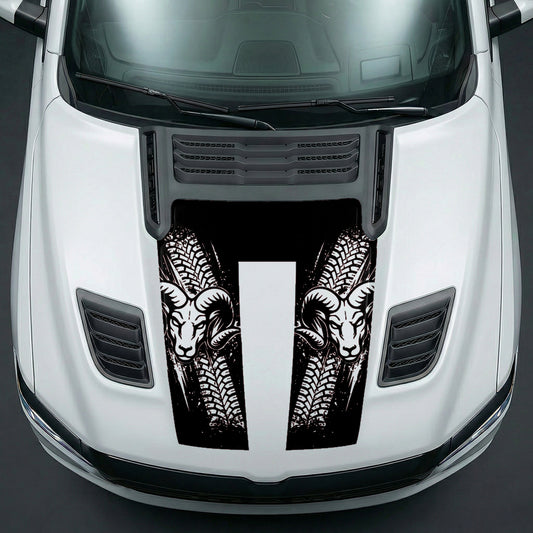 Hood Panel Decal/Sticker - Rugged Mud Tire Tread & RAM Head Graphic Kit - For Dodge Ram 2019-2025 - Premium Vinyl