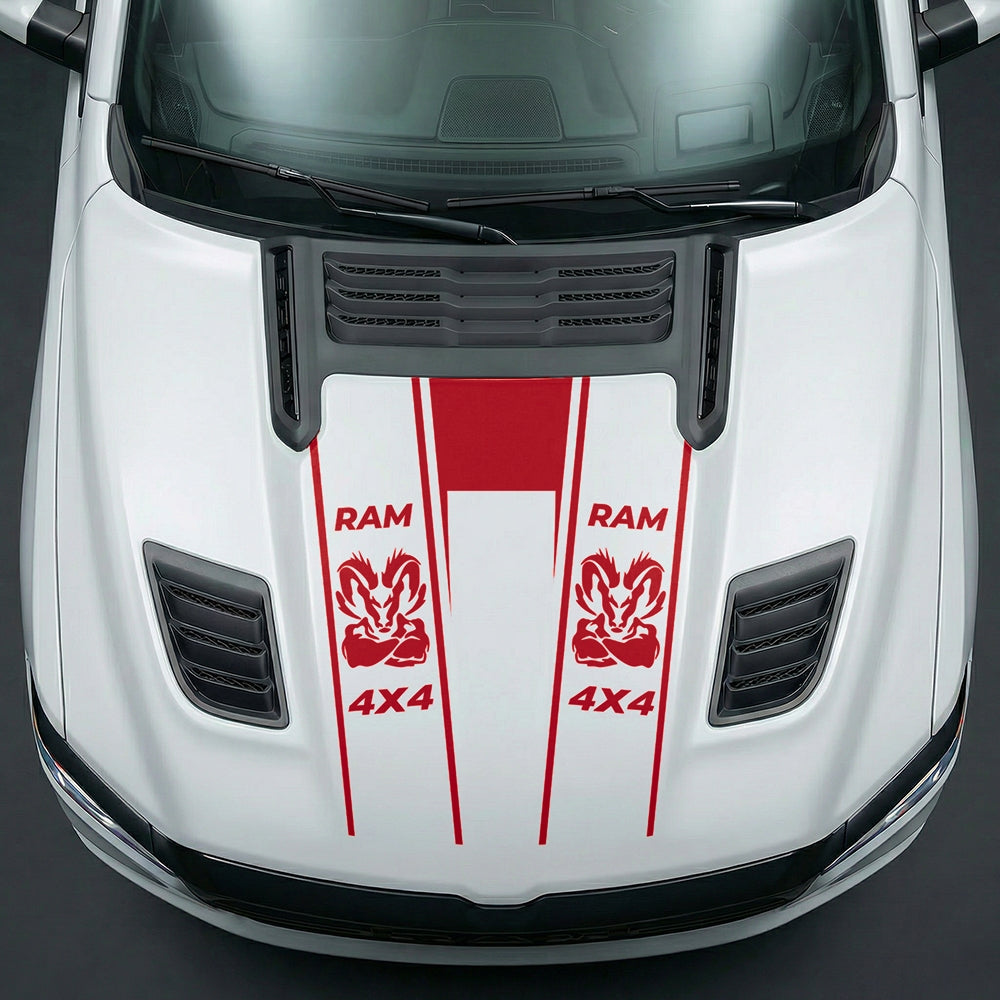 Hood Panel Decal/Sticker - Muscular Ram Mascot 4x4 Twin Stripe U-Shape Graphic Kit - For Dodge Ram 2019-2025 - Premium Vinyl