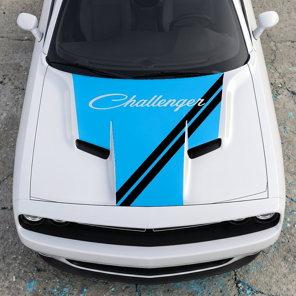 Hood Panel Decal/Sticker - Challenger Script Sidewinder Stripe - Dual-Band Offset Racing Graphic Kit - For Dodge Challenger 2015-2024 - Premium Vinyl