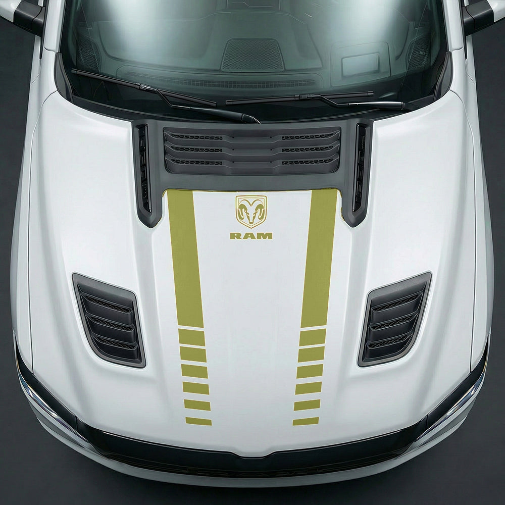 Hood Panel Decal/Sticker - Sport Strobe V-Stripes with Center RAM Logo - Cut Graphic Kit - For Dodge Ram 2019-2025 - Premium Vinyl