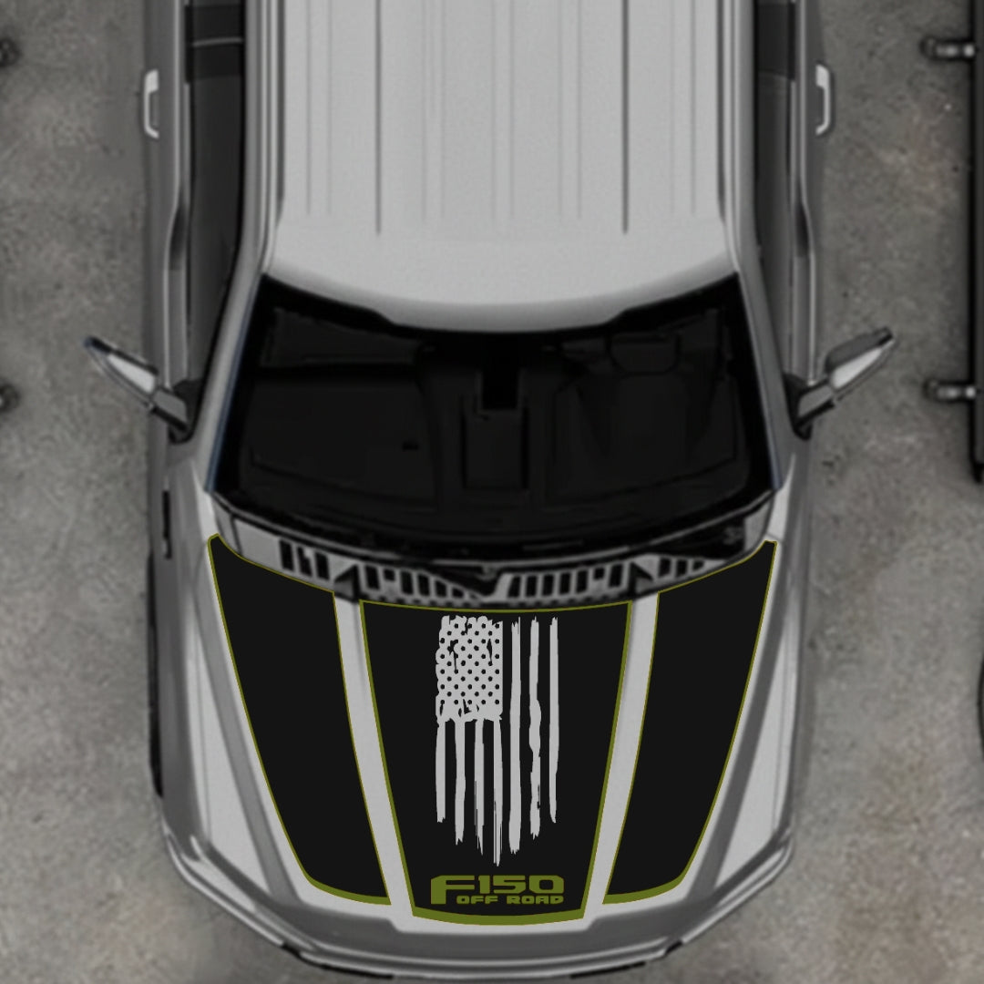 Hood Panel Decal/Sticker - USA Style 3 - Cut - Border Graphic Kit - For Ford F-150 2020-2026 - Premium Vinyl