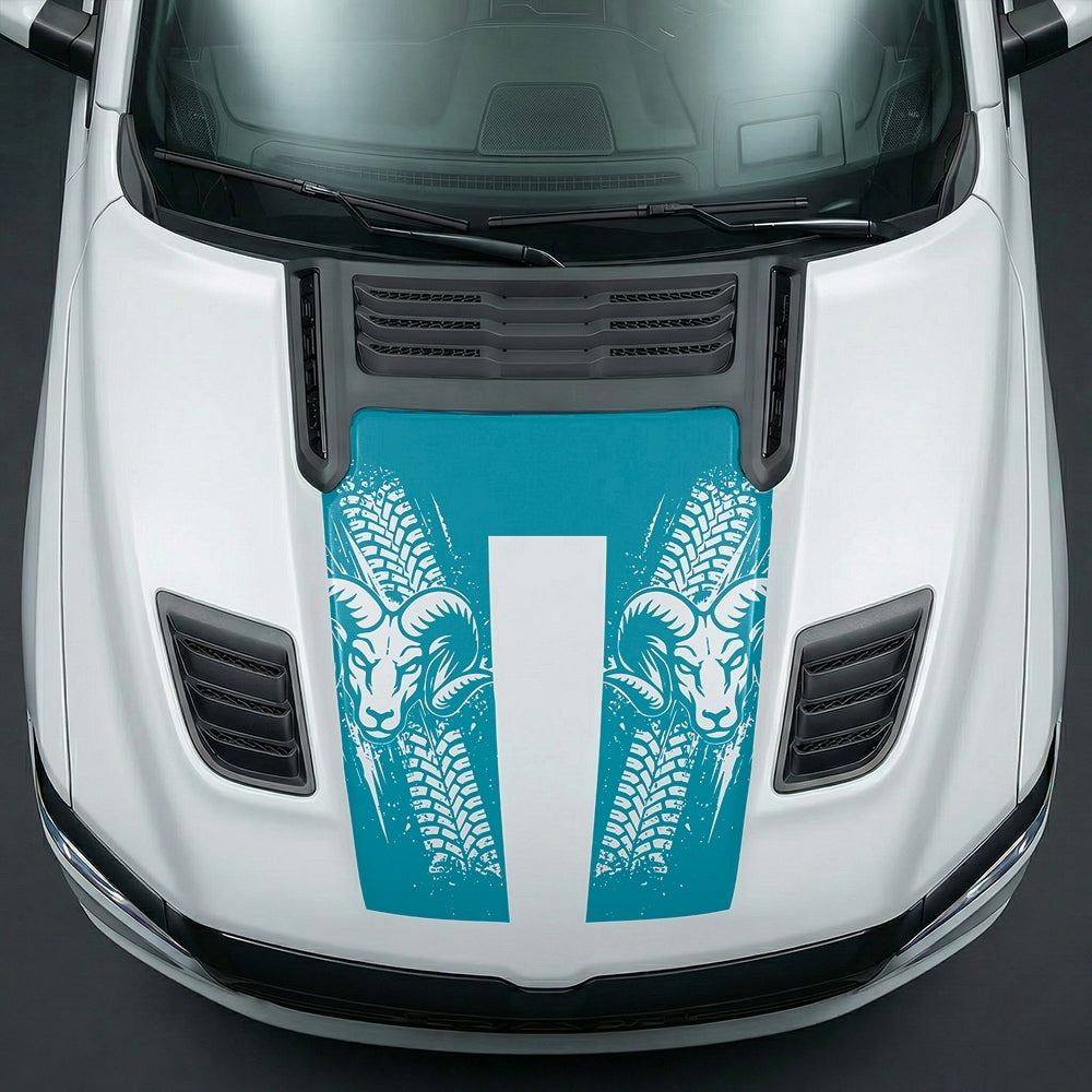 Hood Panel Decal/Sticker - Rugged Mud Tire Tread & RAM Head Graphic Kit - For Dodge Ram 2019-2025 - Premium Vinyl