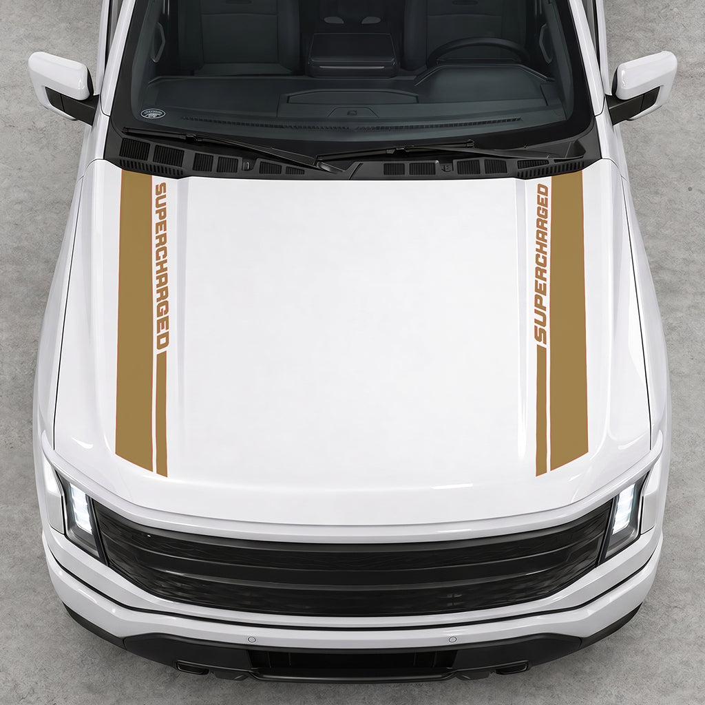 Hood Panel Decal/Sticker - Double Side SuperCharged Graphic Decal Graphic Kit - For Ford F-150 2015-2020 - Premium Vinyl