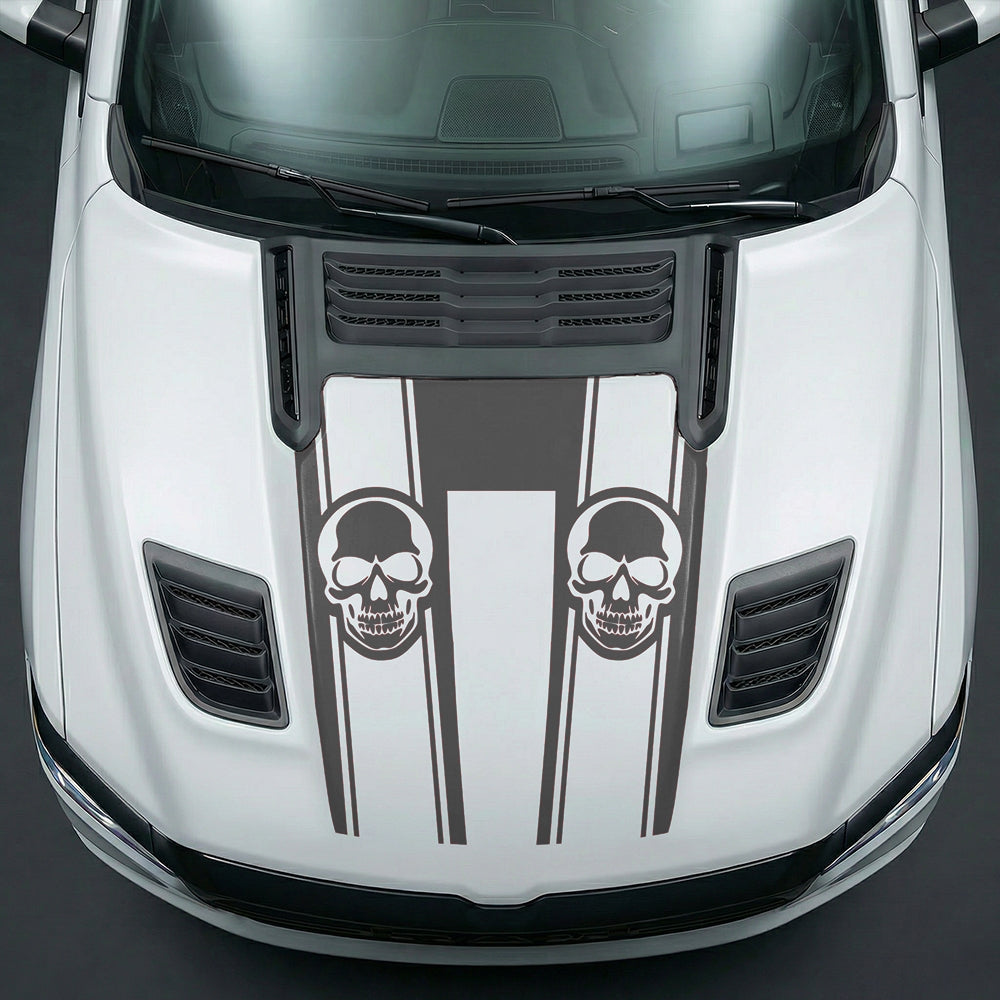 Hood Panel Decal/Sticker - Sinister Skull Racing Stripes U-Shape Graphic Kit - For Dodge Ram 2019-2025 - Premium Vinyl