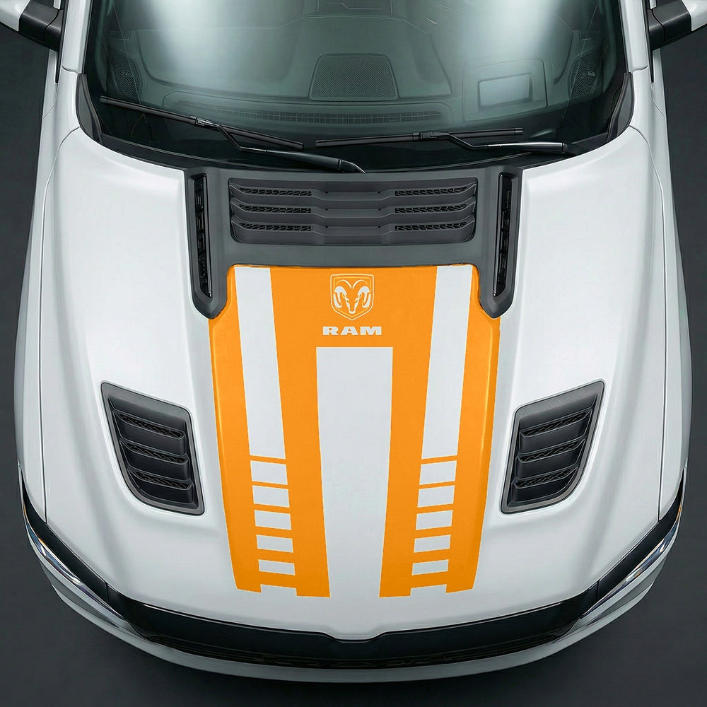 Hood Panel Decal/Sticker - Sport Strobe V-Stripes with Center RAM Logo Graphic Kit - For Dodge Ram 2019-2025 - Premium Vinyl
