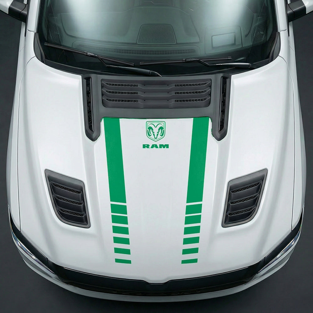 Hood Panel Decal/Sticker - Sport Strobe V-Stripes with Center RAM Logo - Cut Graphic Kit - For Dodge Ram 2019-2025 - Premium Vinyl