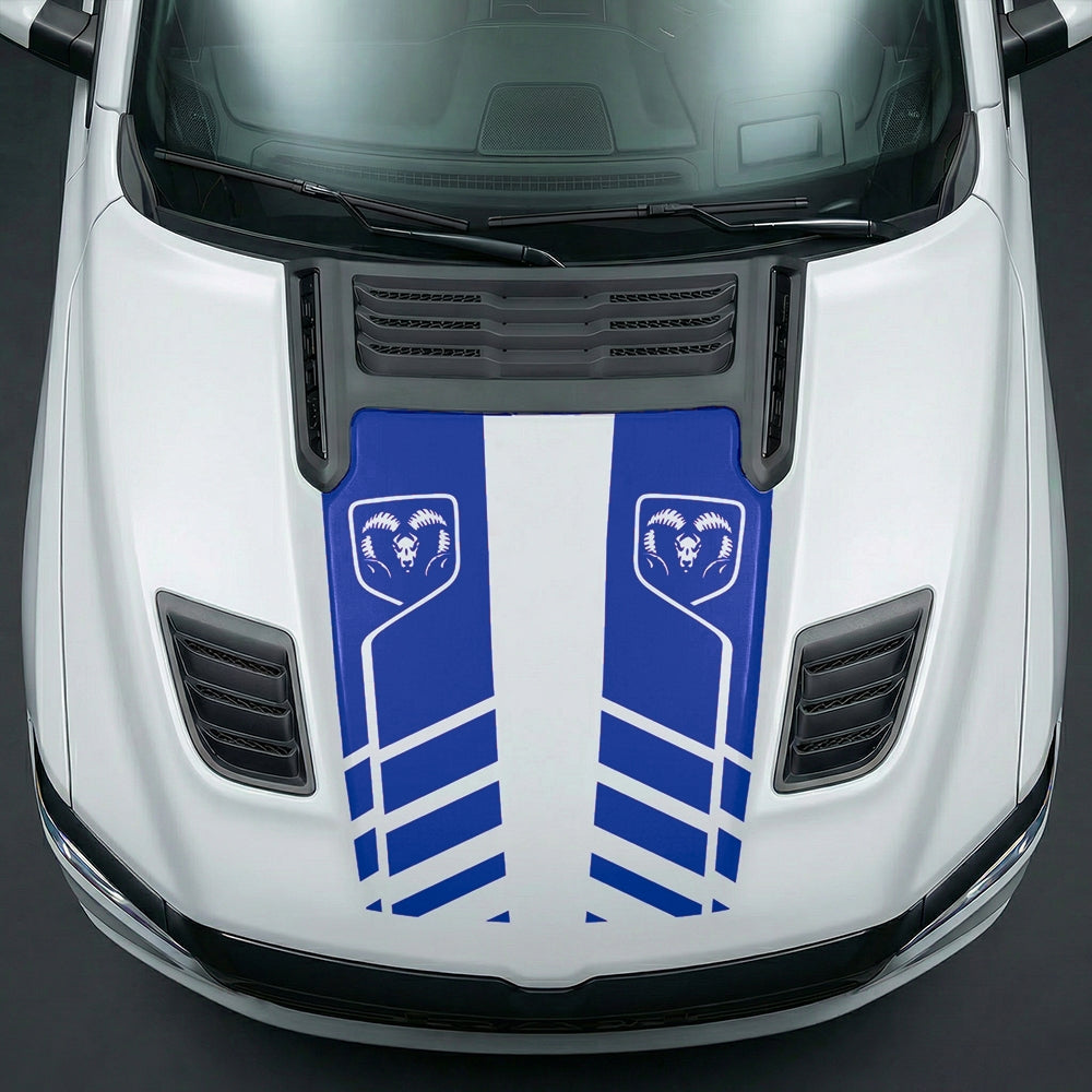 Hood Panel Decal/Sticker - Slotted Sport Stripe with RAM Shield Badge Graphic Kit - For Dodge Ram 2019-2025 - Premium Vinyl