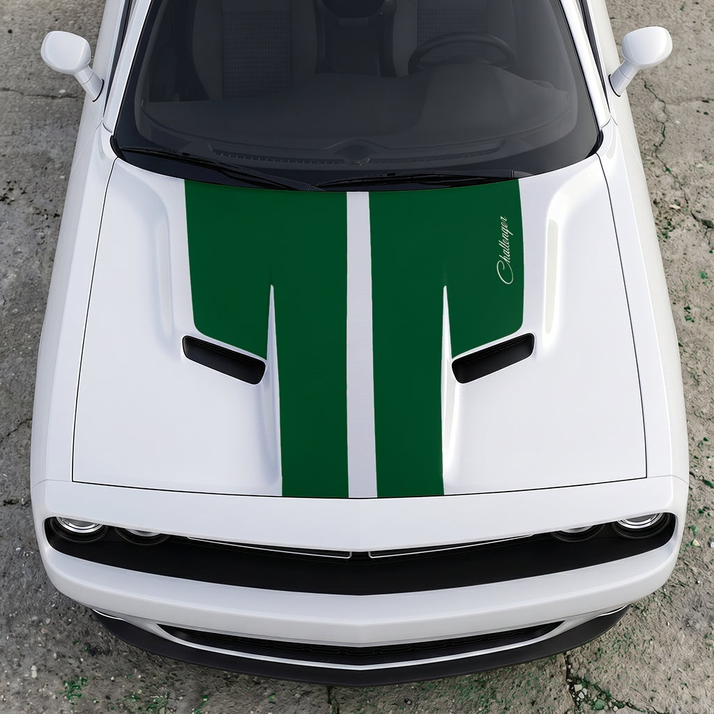 Hood Panel Decal/Sticker - Retro Script Challenger Heritage - Split Center Sport Stripe Series Graphic Kit - For Dodge Challenger 2015-2024 - Premium Vinyl