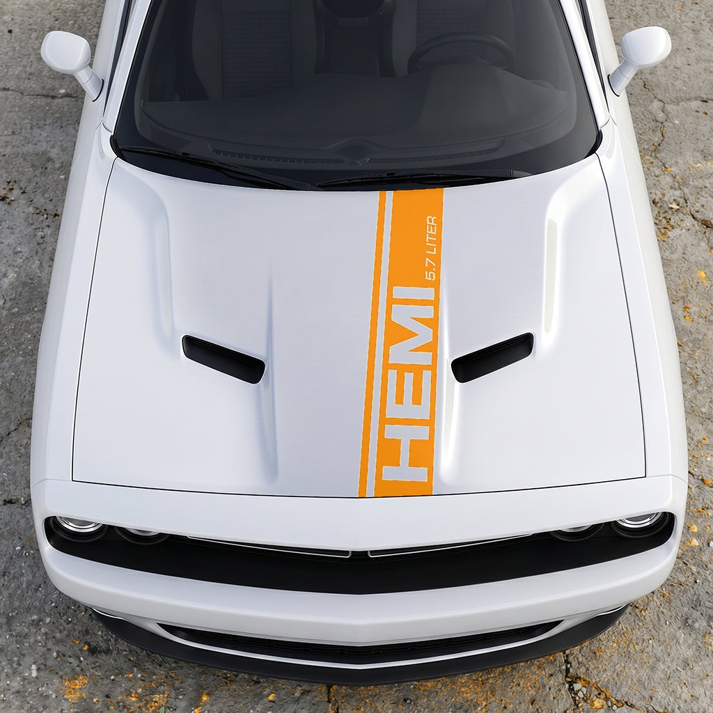 Hood Panel Decal/Sticker - HEMI 5.7 Liter Vertical Performance Stripe - Pillar Style Side-Hood Accent Vinyl Graphic Kit - For Dodge Challenger 2015-2024 - Premium Vinyl