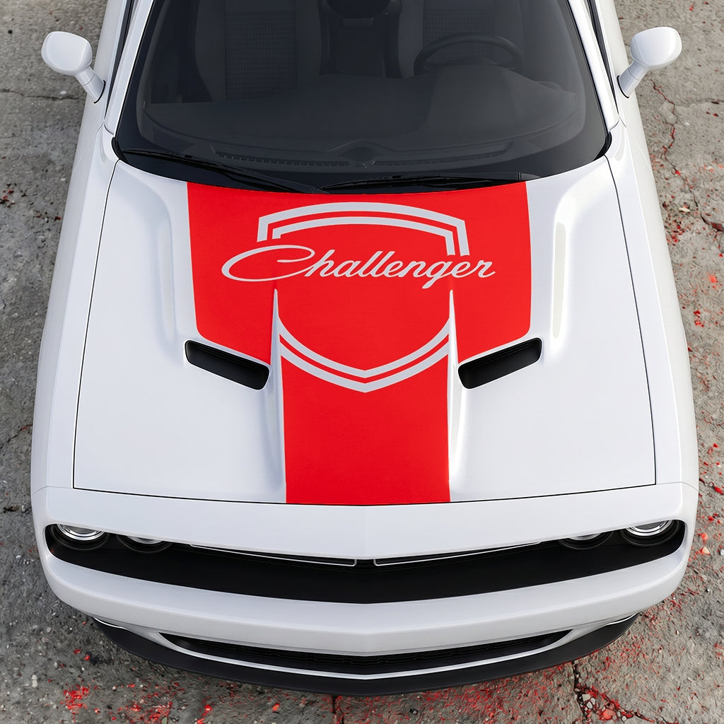 Hood Panel Decal/Sticker - Challenger Retro Script Shield - Vintage Style Crest Graphic Kit - For Dodge Challenger 2015-2024 - Premium Vinyl