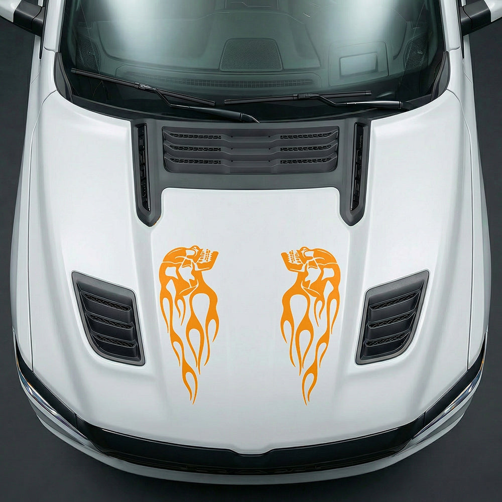 Hood Panel Decal/Sticker - Fiery Skulls Custom U-Shape - Cut Graphic Kit - For Dodge Ram 2019-2025 - Premium Vinyl