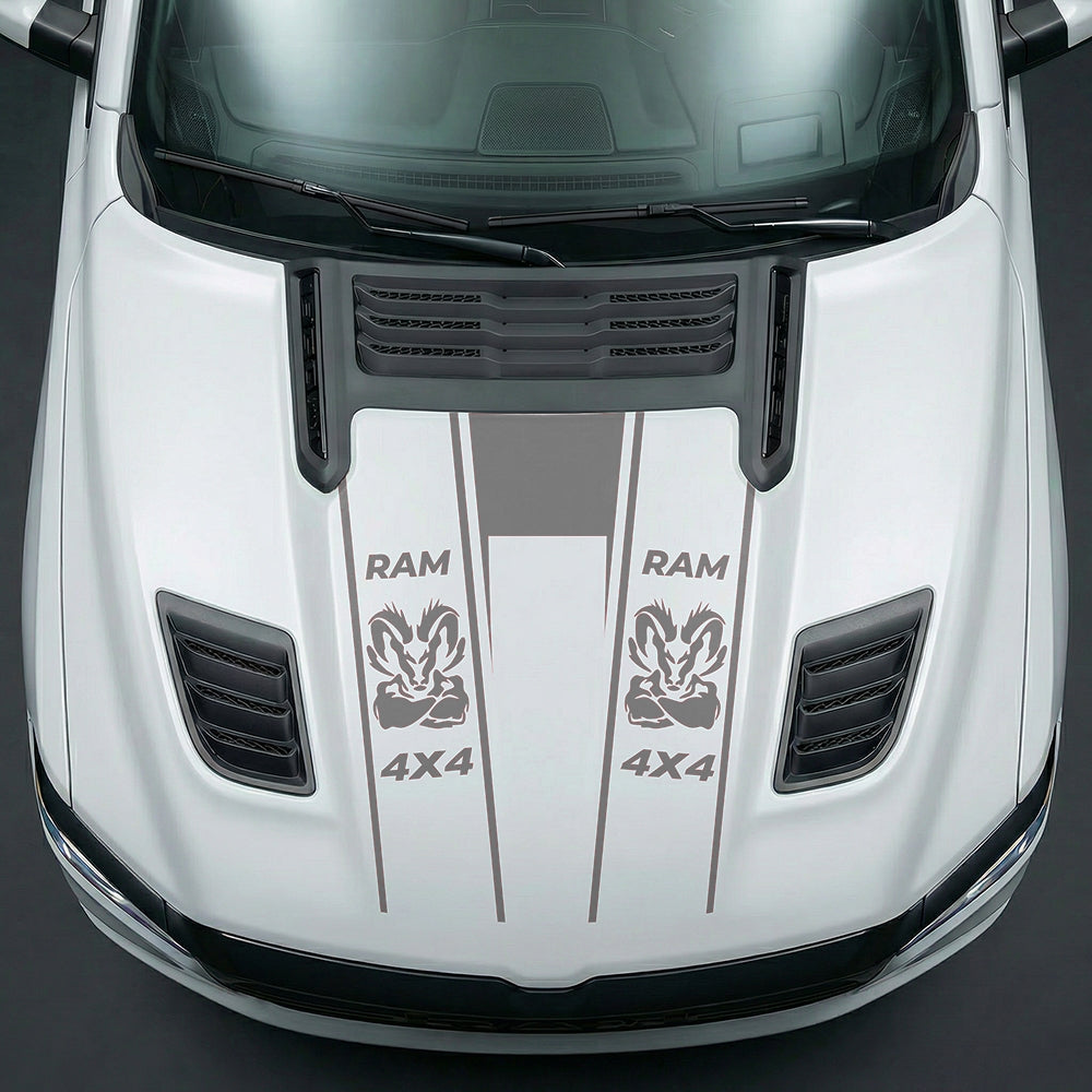 Hood Panel Decal/Sticker - Muscular Ram Mascot 4x4 Twin Stripe U-Shape Graphic Kit - For Dodge Ram 2019-2025 - Premium Vinyl