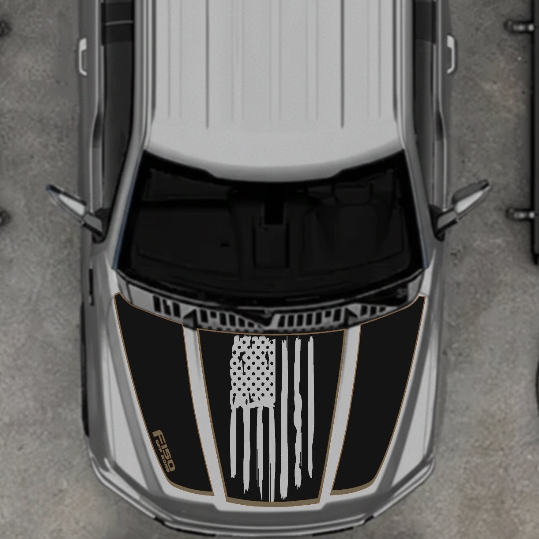 Hood Panel Decal/Sticker - USA Style 2 - Cut - Border Graphic Kit - For Ford F-150 2020-2026 - Premium Vinyl