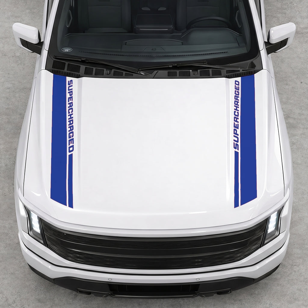 Hood Panel Decal/Sticker - Double Side SuperCharged Graphic Decal Graphic Kit - For Ford F-150 2015-2020 - Premium Vinyl