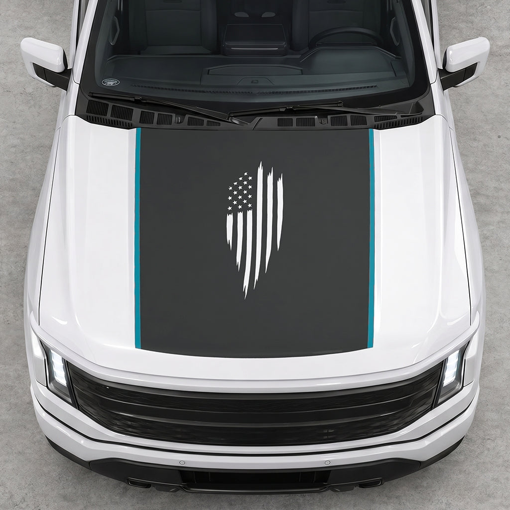 Hood Panel Decal/Sticker - Scratched America Flag Graphic Decal Graphic Kit - For Ford F-150 2015-2020 - Premium Vinyl