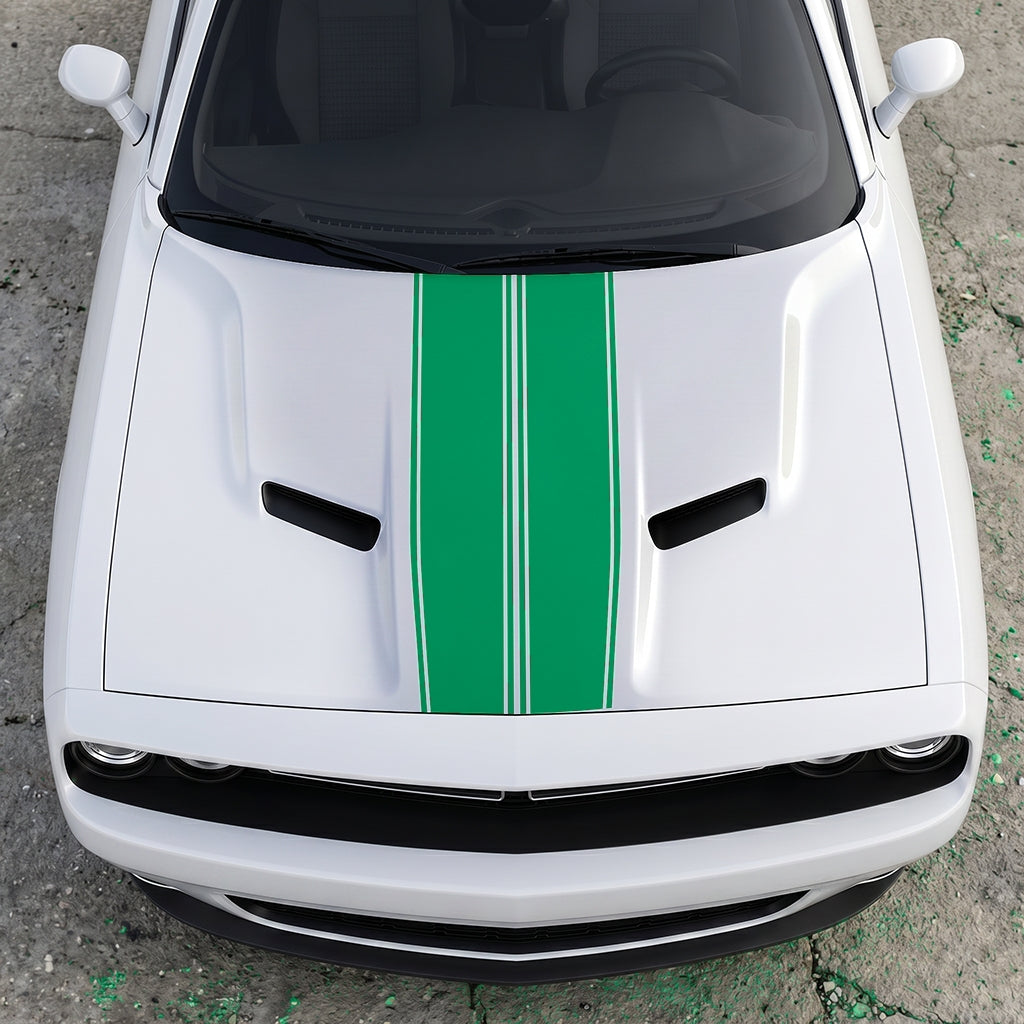 Hood Panel Decal/Sticker - Triple-Threat Sport Racing Stripes - Symmetrical Performance Overlay Graphic Kit - For Dodge Challenger 2015-2024 - Premium Vinyl