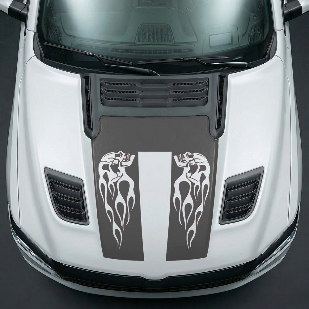 Hood Panel Decal/Sticker - Fiery Skulls Custom U-Shape Graphic Kit - For Dodge Ram 2019-2025 - Premium Vinyl
