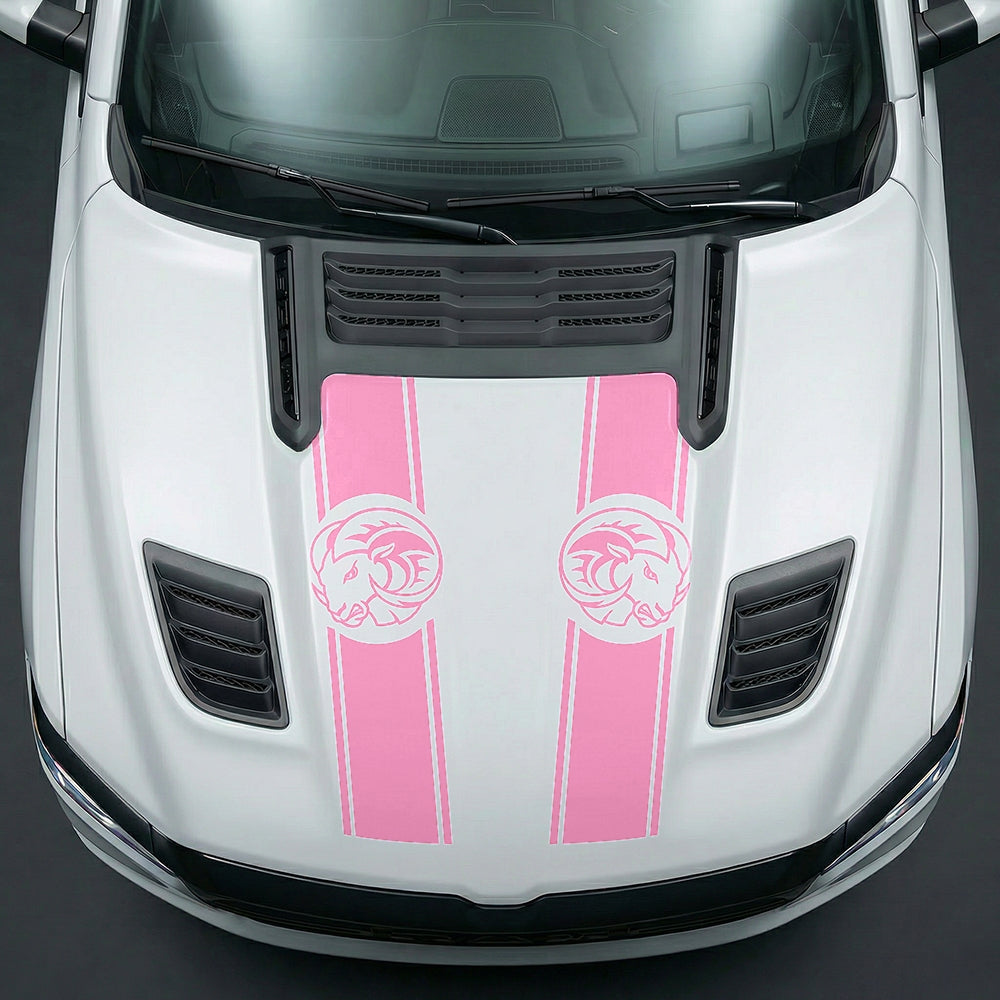Hood Panel Decal/Sticker - Aggressive RAM Mascot Twin Racing Stripe Graphic Kit - For Dodge Ram 2019-2025 - Premium Vinyl