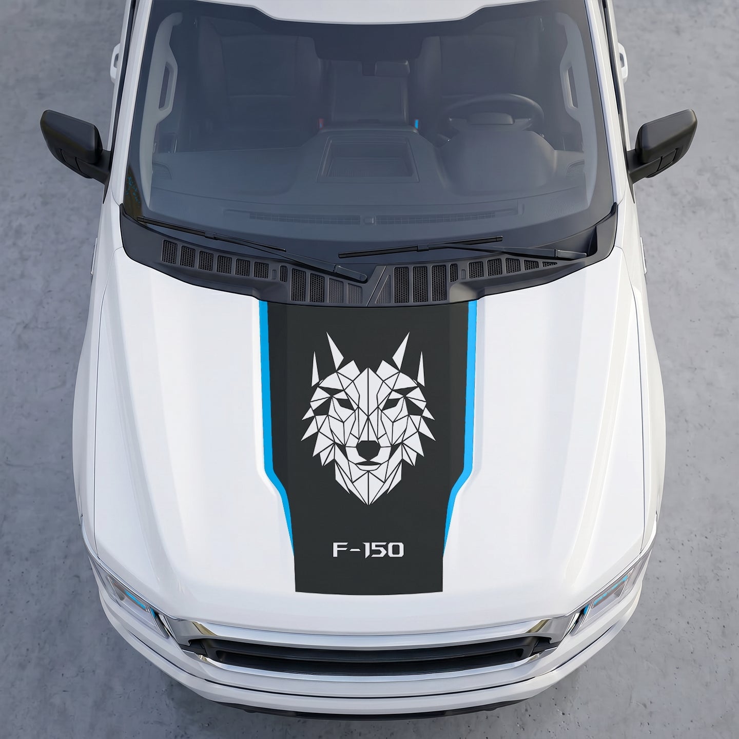Hood Panel Decal/Sticker - Geometric Low-Poly Wolf Hood Decal Wrap – Matte Black Shield with White Origami Wolf Head Graphic Kit - For Ford F-150 F150 2015-2020 - Premium Vinyl