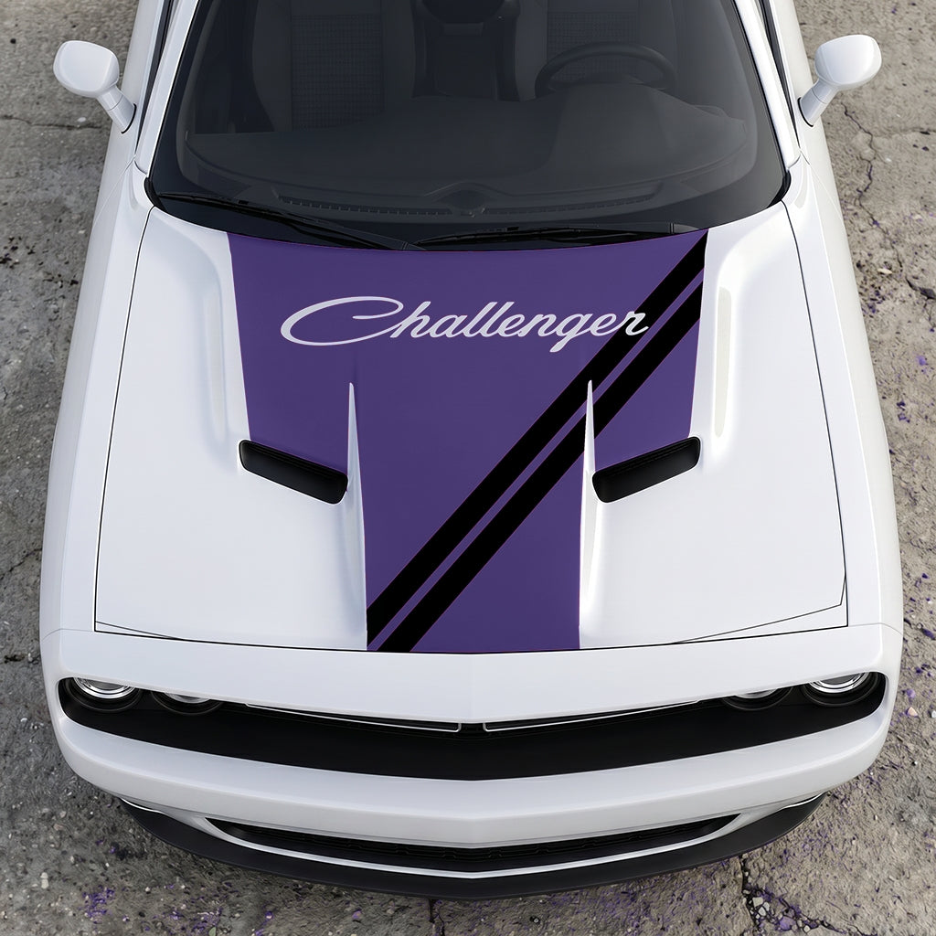 Hood Panel Decal/Sticker - Challenger Script Sidewinder Stripe - Dual-Band Offset Racing Graphic Kit - For Dodge Challenger 2015-2024 - Premium Vinyl