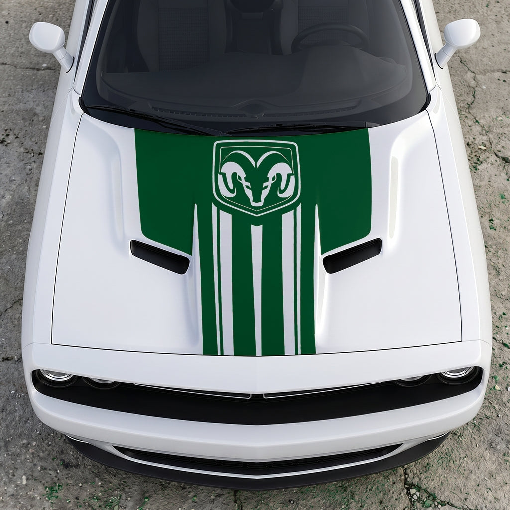 Hood Panel Decal/Sticker - Ram Emblem Apex Crest Triple-Stripe - Rugged Shield Design Vinyl Graphic Kit - For Dodge Challenger 2015-2024 - Premium Vinyl