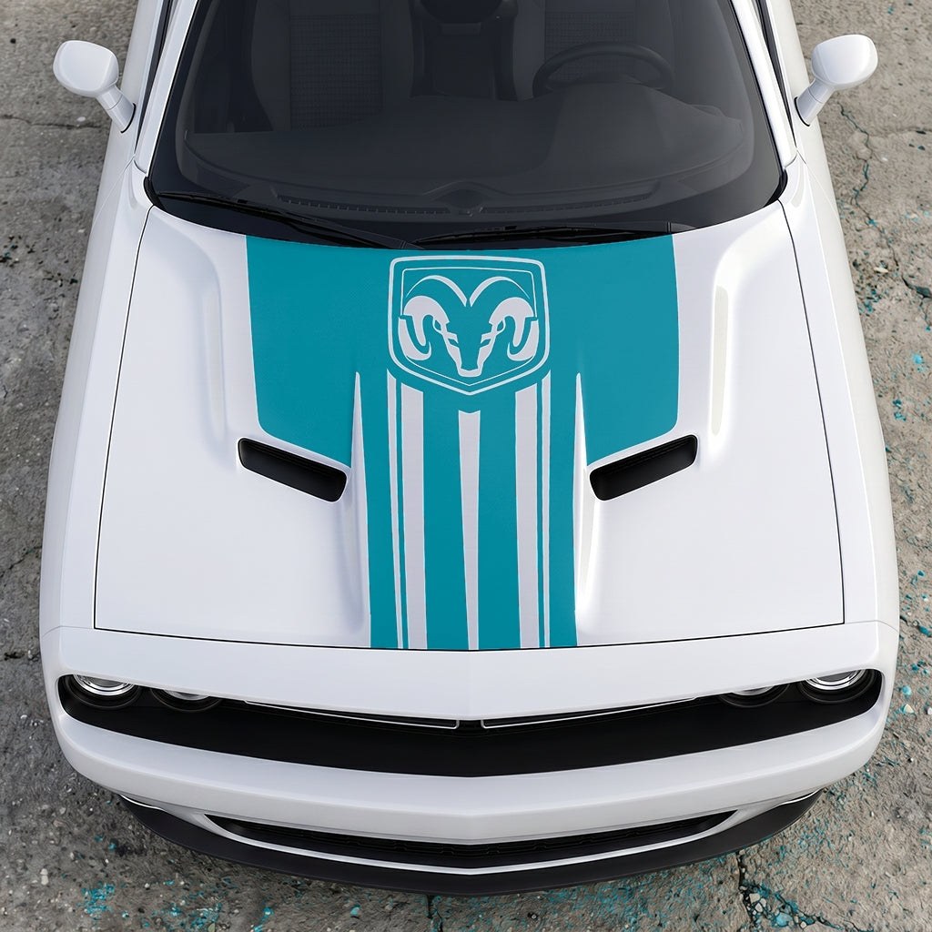 Hood Panel Decal/Sticker - Ram Emblem Apex Crest Triple-Stripe - Rugged Shield Design Vinyl Graphic Kit - For Dodge Challenger 2015-2024 - Premium Vinyl