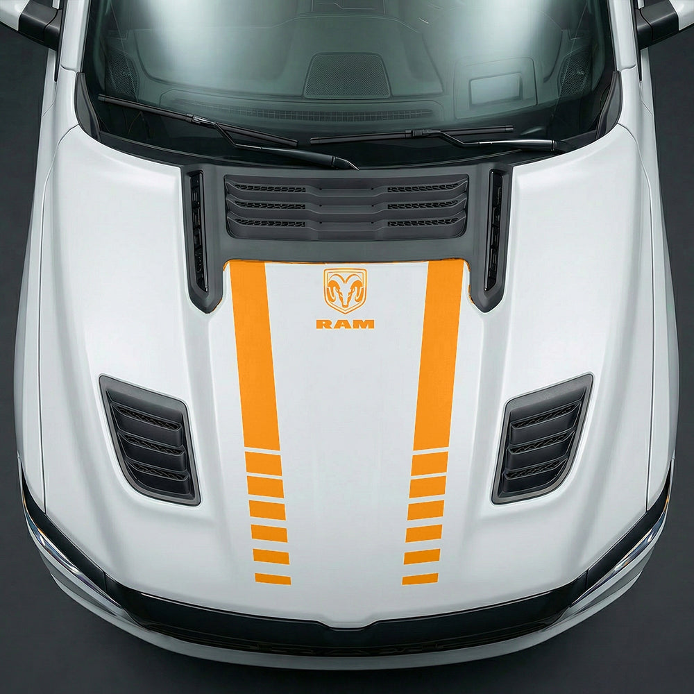 Hood Panel Decal/Sticker - Sport Strobe V-Stripes with Center RAM Logo - Cut Graphic Kit - For Dodge Ram 2019-2025 - Premium Vinyl