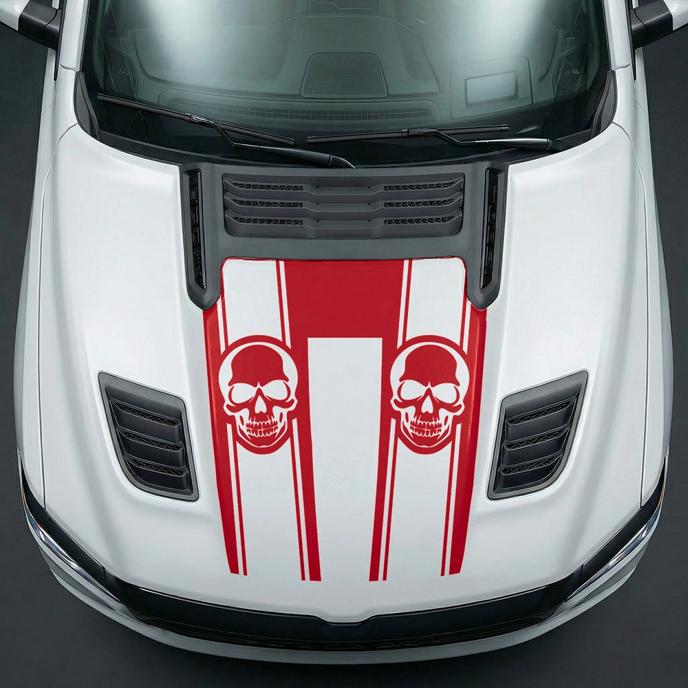Hood Panel Decal/Sticker - Sinister Skull Racing Stripes U-Shape Graphic Kit - For Dodge Ram 2019-2025 - Premium Vinyl