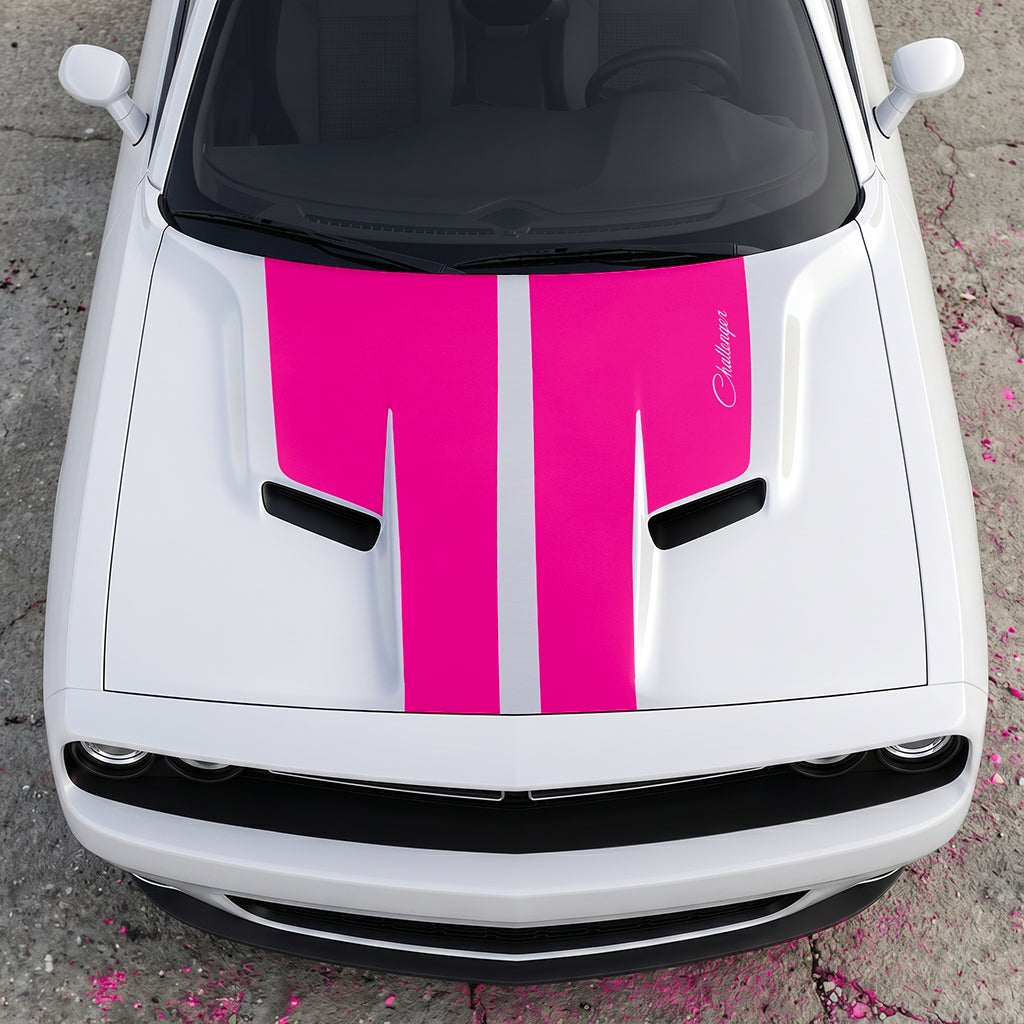 Hood Panel Decal/Sticker - Retro Script Challenger Heritage - Split Center Sport Stripe Series Graphic Kit - For Dodge Challenger 2015-2024 - Premium Vinyl