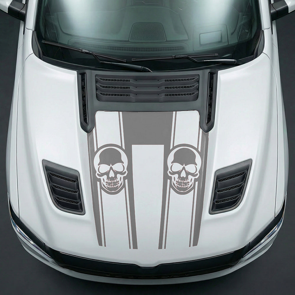 Hood Panel Decal/Sticker - Sinister Skull Racing Stripes U-Shape Graphic Kit - For Dodge Ram 2019-2025 - Premium Vinyl
