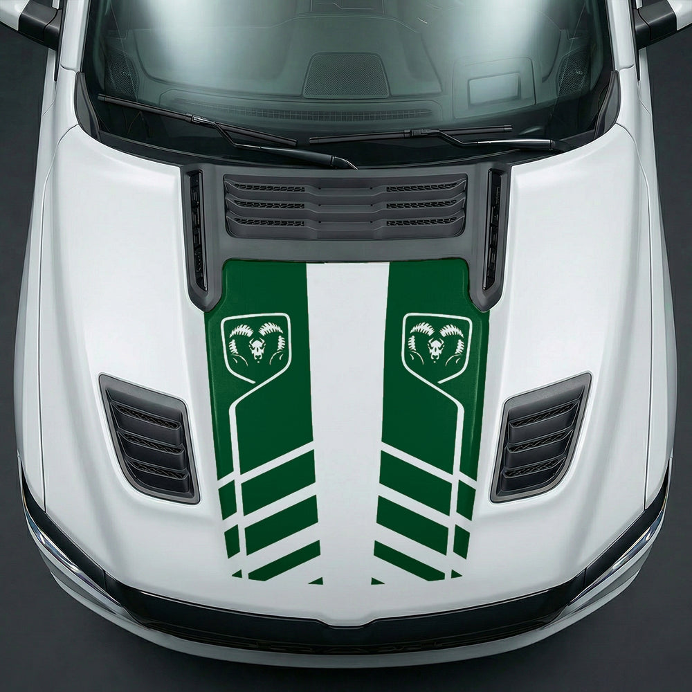 Hood Panel Decal/Sticker - Slotted Sport Stripe with RAM Shield Badge Graphic Kit - For Dodge Ram 2019-2025 - Premium Vinyl