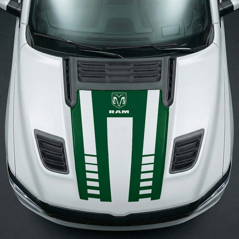 Hood Panel Decal/Sticker - Sport Strobe V-Stripes with Center RAM Logo Graphic Kit - For Dodge Ram 2019-2025 - Premium Vinyl