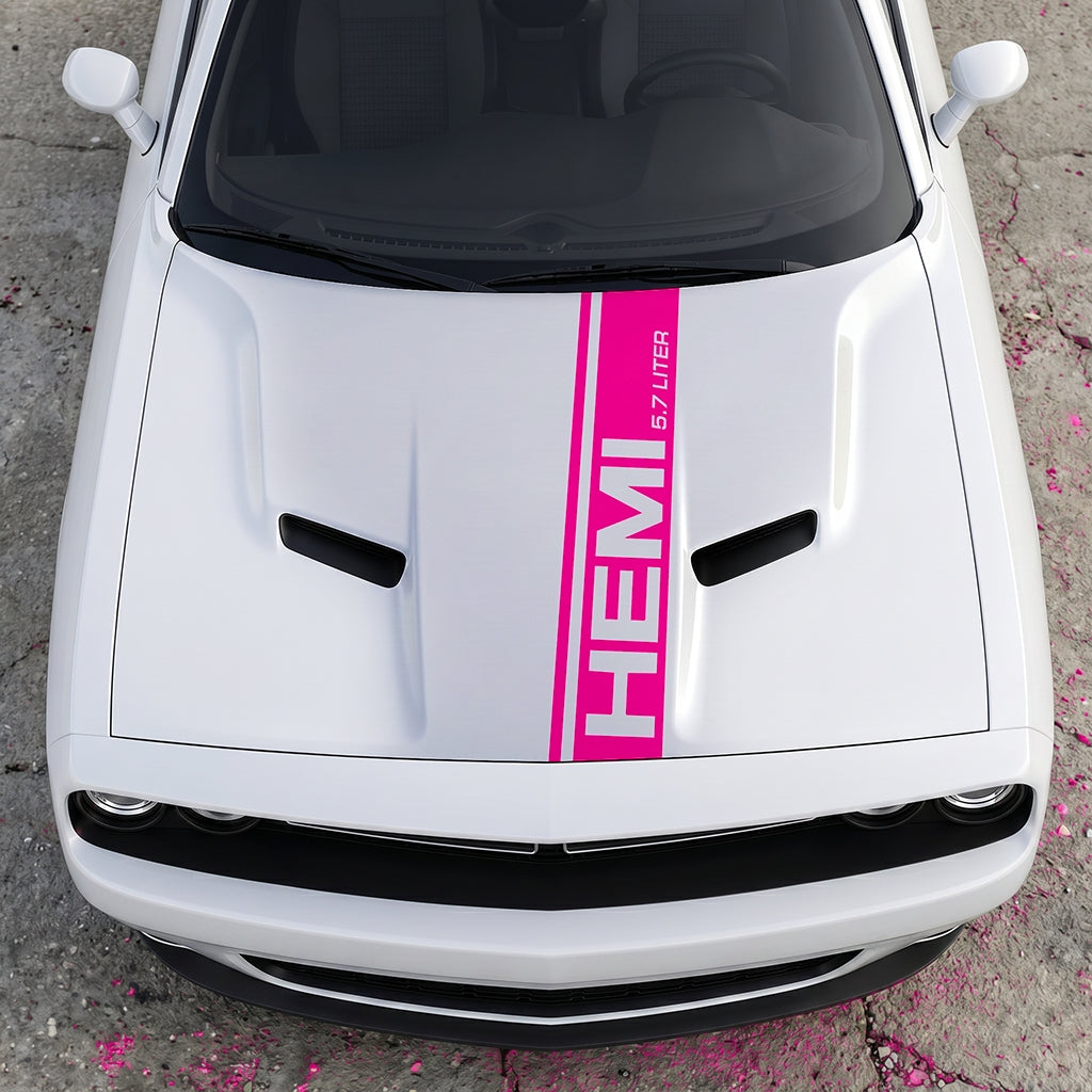 Hood Panel Decal/Sticker - HEMI 5.7 Liter Vertical Performance Stripe - Pillar Style Side-Hood Accent Vinyl Graphic Kit - For Dodge Challenger 2015-2024 - Premium Vinyl