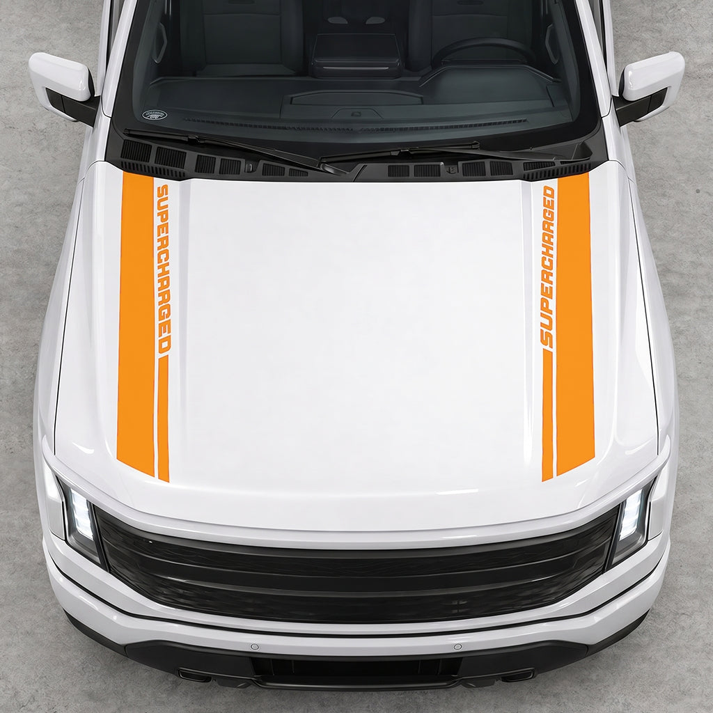 Hood Panel Decal/Sticker - Double Side SuperCharged Graphic Decal Graphic Kit - For Ford F-150 2015-2020 - Premium Vinyl